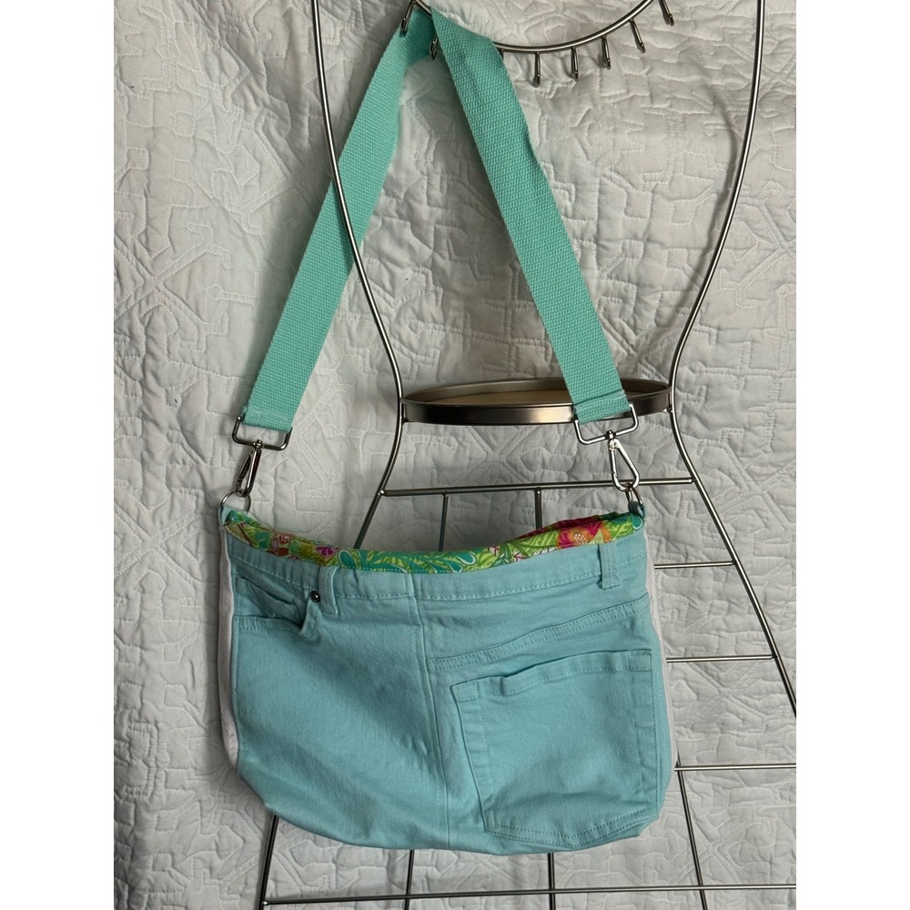 Sew Salvage Upcycled Denim Crossbody Bag Light Blue Floral Lining Messenger